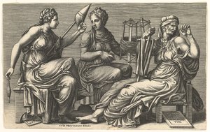 Kolme kohtaloa Clotho, Lachesis ja Atropos, 1558-59.