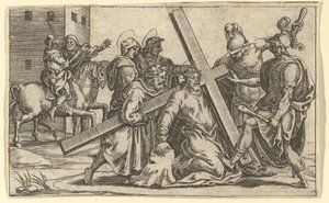 Surun neitsyt: Kristus kantaa ristiä, yksi yhdeksästä ympäröivästä osastosta f..., vuoteen 1575 mennessä.