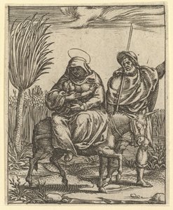 Surujen neitsyt: Lento Egyptiin, yksi yhdeksästä ympäröivästä osastosta..., vuoteen 1575 mennessä. tekijältä Giorgio Ghisi