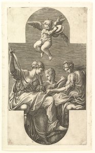 Kolme muusaa ja putto symbaaleilla, ristinmuotoinen sävellys kahdeksan sarjasta, 1560-luvulta. tekijältä Giorgio Ghisi