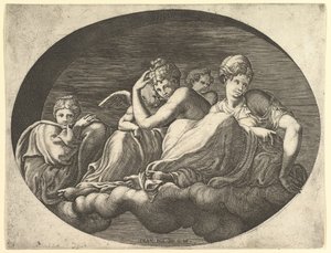 Venus ja Cupid, kaksi muuta jumalatarta ja putto, kahdeksan sävellyksen sarjasta 1560-luvulta. tekijältä Giorgio Ghisi