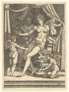 Venus ja vulkaani istuvat sängyllä ja kolme puttia, 1550-luvun puoliväli. tekijältä Giorgio Ghisi