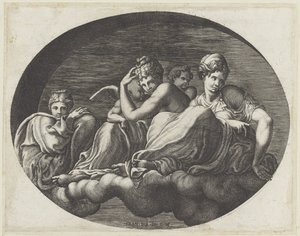 Venus, kaksi jumalatarta ja kaksi puttia Ovaaleja kattomaalauksia Fontainebleaun Galerie d