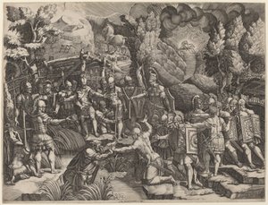 Sinon pettää troijalaisia tekijältä Giorgio Ghisi after Giovanni Battista Scultori