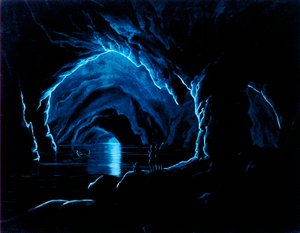 Jäljennös kaiverruksesta Blue Grotto Caprin saarella. Luolan sisällä kolme miestä reunuksen reunalla tervehtii neljättä miestä, joka tulee ulos luolista veneensä kanssa. Hän on pr tekijältä Giorgio Sommer