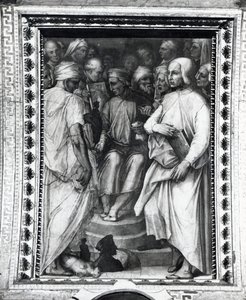 Cosimo de Medici istuu filosofien ja taiteilijoiden keskuudessa Sala di Cosimo il Vecchiossa tekijältä Giorgio Vasari
