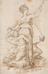 Siivekäs Victoria palmunoksan kanssa ja kolme vankia polvistuu pokaalien päällä. Noin 1540 tekijältä Giorgio Vasari