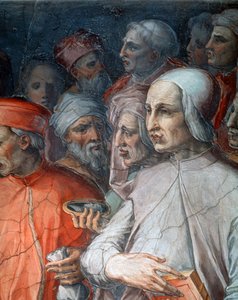 Marsilio Ficino, jota täydentää Paolo del Pozzo Toscanelli, yksityiskohta Cosimo vanhemmasta filosofien ja taiteilijoiden keskuudessa tekijältä Giorgio Vasari