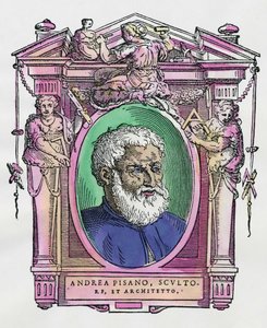 Muotokuva Andrea Pisanosta (1290-1349), italialainen kuvanveistäjä ja arkkitehti. Kaiverrus herkkusta "" Erinomaisimpien maalareiden, kuvanveistäjien ja arkkitehtien elämää" (Le Vite de