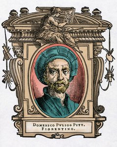 Muotokuva Domenico PULIGOsta [1492-1527] italialainen taidemaalari. Kaiverrus herkkusta "" Erinomaisimpien maalareiden, kuvanveistäjien ja arkkitehtien elämää" (Le Vite de