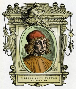 Muotokuva Filippo Lipistä (1406-1469) firenzeläisestä taidemaalarista. Ksylografia Giorgio Vasarin teoksesta "Taiteilijoiden elämä". tekijältä Giorgio Vasari