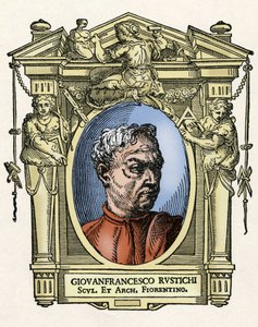 Muotokuva Giovan Francesco RUSTICI (1474 - 1554), italialainen kuvanveistäjä ja arkkitehti. Giorgio Vasarin kaiverrus herkkupalasta "" Erinomaisimpien maalareiden, kuvanveistäjien ja arkkitehtien elämää" (Le Vite de