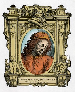 Muotokuva RAFFAELLINO DEL GARBOsta (Raffaellino de Carli) (1466-1525), italialainen taidemaalari. Giorgio Vasarin kaiverrus herkkupalasta "" Erinomaisimpien maalareiden, kuvanveistäjien ja arkkitehtien elämä"" tekijältä Giorgio Vasari