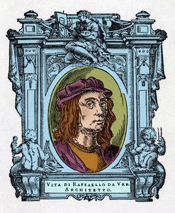 Muotokuva Rafaelista (Raffaello Sanzio 1483 - 1520) italialainen arkkitehti ja taidemaalari. Kaiverrus herkkusta "" Erinomaisimpien maalareiden, kuvanveistäjien ja arkkitehtien elämää" (Le Vite de