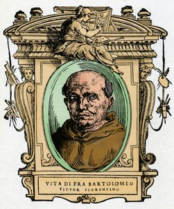 Muotokuva firenzeläisestä taidemaalarista Fra Bartolomeosta (1473-1517) .. Giorgio Vasarin kaiverrus herkkupalasta "" Erinomaisimpien maalareiden, kuvanveistäjien ja arkkitehtien elämä"" tekijältä Giorgio Vasari