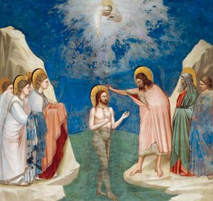 Kristuksen kaste, yksityiskohta elämästä ja Kristuksen kärsimyksestä, Giotto tekijältä Giotto (c.1266 1337)