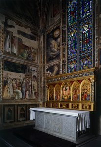Baroncelli-kappeli, Baroncelli-polyptyykki alttarin yläpuolella, n. 1328, kirjoittanut Giotto (1267-1337), tempera ja kulta paneelissa, Santa Crocen basilika, Firenze. Italia tekijältä Giotto (c.1266 1337)