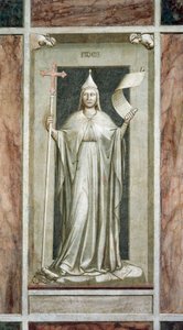 Faith, naishahmo pitelee ristiä ja paljastetun totuuden symbolia, samalla kun se tuhoaa epäjumalan ja seisoo Kabbalan symbolien päällä, Giotto, freskosarja Paheet ja hyveet, restauroinnin jälkeen, Scrovegnin kappeli, Padova, Veneto, Italia. tekijältä Giotto (c.1266 1337)