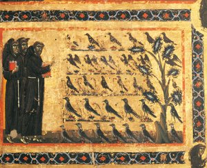 Pyhän Franciscuksen tarinoita: Pyhä Franciscus saarnaa linnuille, Giotto (1267-1337) fresko, n. 1325. Vernion Bardi-kappeli, Santa Crocen basilika, Firenze. Italia