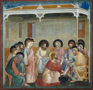 Jalkojen pesu, yksityiskohta elämästä ja Kristuksen kärsimyksestä, Giotto tekijältä Giotto (c.1266 1337)