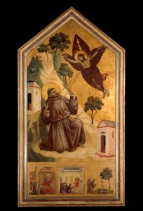 Pyhä Francois Assisilainen vastaanottamassa Giotto di Bondonen (1266-1337) tempera-stigmat puulle noin 1300, su. 3,13 x 1,63 m. - Pyhän Franciscuksen leima. Tempera puulla, kirjoittanut Giotto di Bondone (1266-1337) noin 1295-1300. 3,13 x 1,63 m. Louvren t