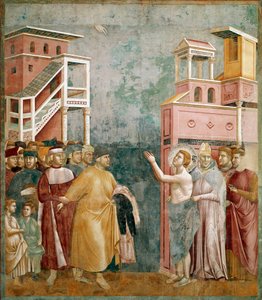 Omaisuudesta luopuminen. Pyhä Francois palauttaa vaatteet isälleen. Giotto di Bondonen (1267-1337) maalaus