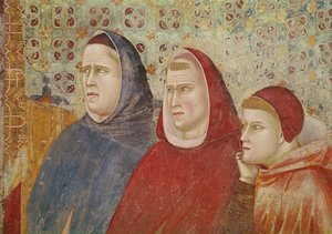 Pyhä Franciscus saarnaa paavi Honorius III:lle, yksityiskohta kolmesta prelaatista oikealla, n. 1297-1299 tekijältä Giotto di Bondone