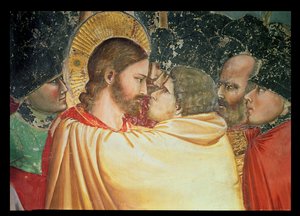 Kristuksen pettäminen, suudelman yksityiskohta, n. 1305 tekijältä Giotto di Bondone