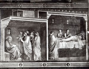 Pyhän Johannes Kastajan syntymä ja hänen isänsä Sakarias kirjoittaa hänen nimensä tekijältä Giotto di Bondone