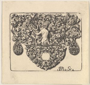 Kultasepän koriste, jossa nuori mies pitelee runsaudensarvi, 1709. tekijältä Giovani Battista Grondoni