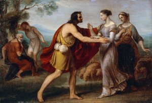 Jacobin ja Rachelin tapaaminen, Giovanni Carnovalin Piccio (1804-1873), öljy kuparille, 38x53 cm tekijältä Giovanni Carnovali