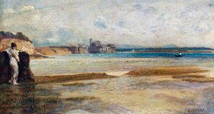Kuun lasku Tyrrhenanmerellä, maalaus Nino Costa (1826-1903), Italia