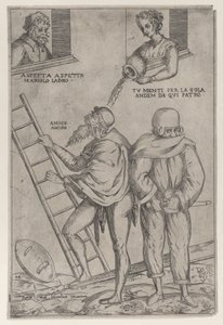Mies kiipeää tikkaita ja nainen heittää vettä hänen päälleen ylhäältä, 1575-99.