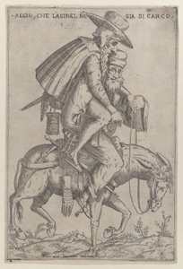 Karikatyyri, jossa kaksi miestä muulin selässä, 1575-99.