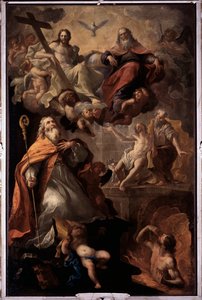 Pyhän Nikolauksen ja pyhän kolminaisuuden esitys Jumala, Jeesus Kristus ja Pyhän Hengen kyyhkynen (Pyhä Nikolai Barilainen ja pyhä kolminaisuus) Andrea Carlonen (1639-1697) maalaus Santa Margheritan kirkko, Santa Margherita Ligure Italia