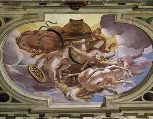 Phaetonin (Phaethon) ja hänen taivaallisten vaunujensa kaatuminen Zeuksen vihan aiheuttamana - Carlone le Genoisin (1639-1697) freskoja trompe l