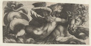 Merihevonen putto kaulassa Friisiläiset merihirviöiden kanssa (sarjan nimi) tekijältä Giovanni Andrea Maglioli