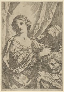 Judith tarttui Holofernesin päähän hiuksista ja katsoi vasemmalle, vanha hä..., 1600-1640.