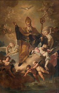Eteläinen poikkiristeys, San Benedetton alttari, Pyhä Benedictus Gloriassa kaupunkia siunatessaan, Giovanni Angelo Borronin alttaritaulu, San Benedetto Gloriassa kaupunkia siunattaessa 1744 tekijältä Giovanni Angelo Borroni