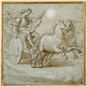 Apol·lo assegut en el seu carro amb la seva viola (guix negre, ploma i tinta marró amb rentat marró realçat amb el color del cos blanc a la carta azzurra) finlandès tekijältä Giovanni Antonio (circle of) Pordenone
