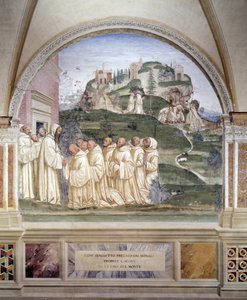 Benedict loi lähteen vuoren huipulla Antonio Bazzi dit il Sodoman (1477 - 1549) luostarin freskon, joka kertoo Benedictin Nursielaisen (480 - 567) elämästä, Benedictiiniritarikunnan perustaja 1503 - 1508 Abbey. Monte Oliveto