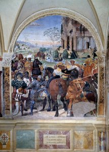 Kuinka Benedictus ennustaa Monte Cassinon tuhoa (Pyhä Benedictus ennustaa Monte Cassinon tuhoa) Yksityiskohta - Antonio Bazzi dit il Sodoma (1477 - 1549) luostarin fresko, joka kertoo Pyhän Benedictus Nursielaisen (480 - 567) elämästä fou