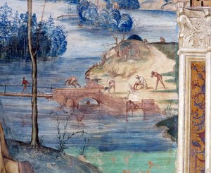 Kuinka Saint Maur kävelee veden päällä pelastaakseen Placidin (Maurus kävelee veden päällä pelastaakseen Placidin) - Yksityiskohta Antonio Bazzi dit il Sodoman (1477-1549) luostarin fresko, joka kertoo Pyhän Benedict of Nursielaisen (480 - 567) elämästä )  tekijältä Giovanni Antonio Bazzi Sodoma