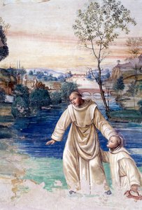 Mauri kävelee veden päällä pelastaakseen St Placidin yksityiskohtaluosterin Antonio Bazzin dit il Sodoman (1477 - 1549) freskon, joka kertoo benediktiiniritarikunnan perustajan Pyhän Benedict of Nursie (480 - 567) elämästä 1503 - 1508 Floren Floren luostar tekijältä Giovanni Antonio Bazzi Sodoma