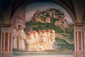 Munkkien rukoilema pyhä Benedictus, joka tuottaa vettä vuoren huipulta, kohtaus Tarinat Saint Benedict of Monte Oliveto Maggioresta