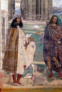 Pyhä Benedictus korjaa katkenneen seulan Taiteilijan omakuva - Yksityiskohta Fresko kloostista Antonio Bazzi dit il Sodoman (1477 - 1549), joka kertoo Benedict of Nursielaisen (480 - 567) Benedictiiniritarikunnan perustajan 1503 elämästä - 1508