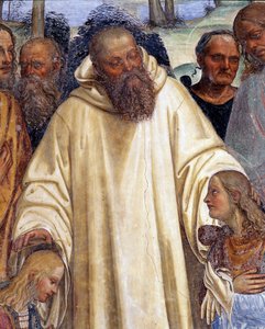 Pyhä Benedictus vastaanottaa kaksi nuorta roomalaista, Maurin ja Placiden (pyhä Benedictus tapaa kaksi nuorta romaania, Mauruksen ja Placidin) Antonio Bazzin dit il Sodoman (1477 - 1549) tekemä fresko, joka kertoo Pyhän Benedictus Nursielaisen (480 - 480)  tekijältä Giovanni Antonio Bazzi Sodoma