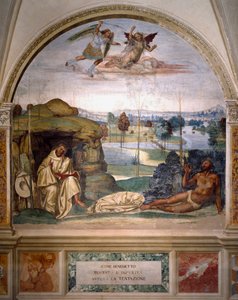Pyhä Benedictus voittaa kiusauksen heittäytymällä alasti orjantappurapensaan, kun taas enkeli taistelee Antonio Bazzi dit il Sodoman (1477 - 1549) munkkien ruokasalin demonia vastaan, joka kertoo pyhän benediktiiniläisen (48) elämästä.