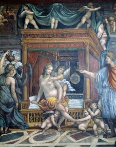 Sala delle Nozze di Alessandro e Rossana Aleksanteri Suuren avioliiton sali 356-323 eKr. ja Roxannen avioliiton sali yksityiskohta Roxannesta makuuhuoneessaan, kun Aleksanteri esittelee hänelle kruunun, noin 1513 fr.