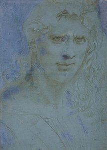 Nuorten rintakuva, joka on kruunattu piikillä ja viiniköynnösten versoilla, n. 1495 (metallikärki sinisellä valmispaperilla) tekijältä Giovanni Antonio Boltraffio
